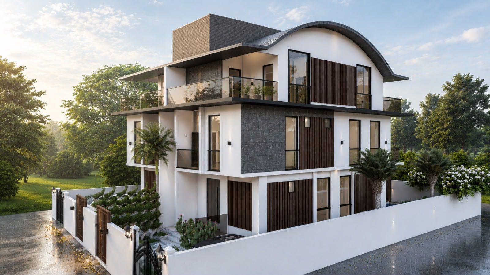 Yalınlı Villa gündüz dış cephe görünümü: kavisli çatı, ahşap paneller ve bahçe duvarı